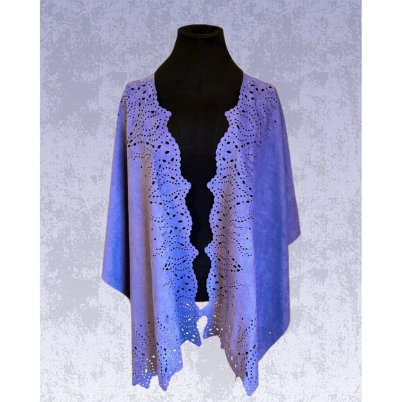 New Directions Faux Suede Ruana/Wrap Periwinkle Blue Intricate Cut-Out Design OS - Picture 1 of 5